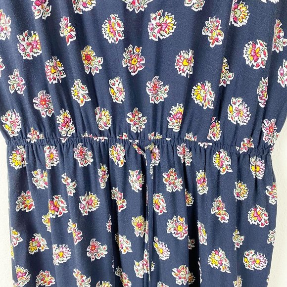 LOFT Navy Blue Floral Drawstring Midi Dress M - Picture 7 of 8